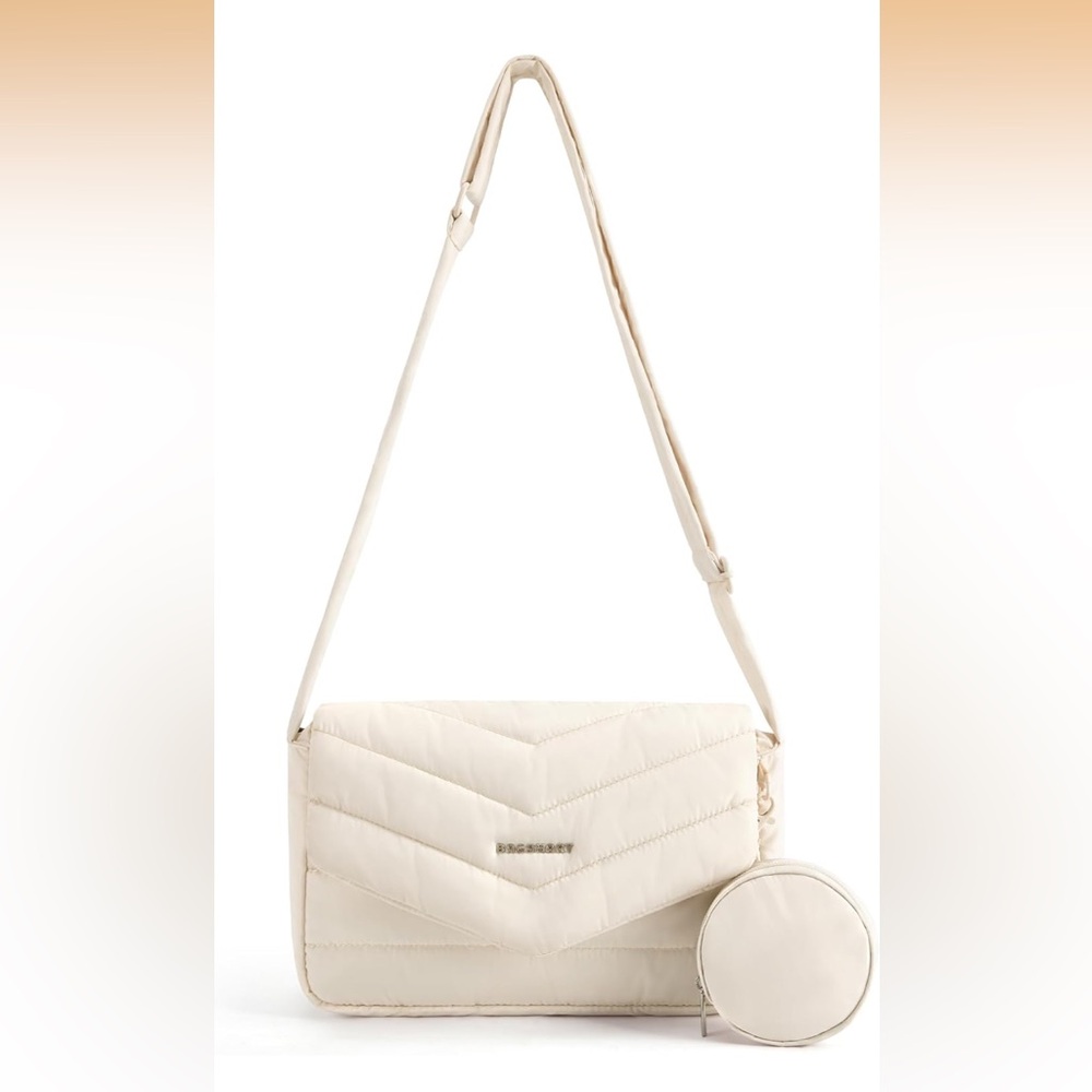 Bagsmart Quilted Shoulder crossbody Bag solid ivory purse coin zipper pouch New